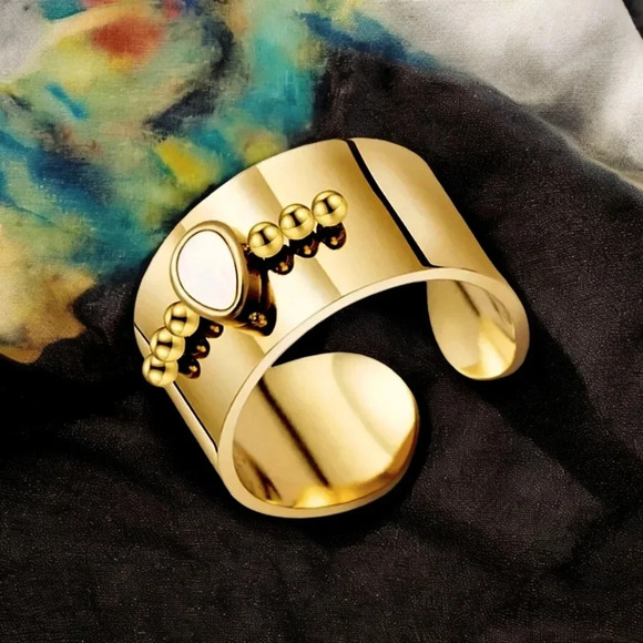🆕️18K Gold Plated Stainless Steel Adjustable Ring w/ Natural Shell Inlay ✨️ 🌿 - Picture 1 of 14
